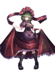 Rule 34 | 1girl, absurdres, aonori00, black footwear, boots, cross-laced footwear, dress, front ponytail, green eyes, hair ribbon, highres, kagiyama hina, knee boots, lace-up boots, looking at viewer, red dress, ribbon, shiny clothes, short sleeves, skirt hold, smile, solo, touhou, white background