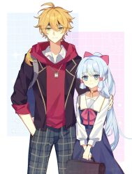 Rule 34 | 1boy, 1girl, ahoge, alternate costume, ayaka (genshin impact), backpack, bag, belt, blonde hair, blue background, blue bag, blue belt, blue dress, blue eyes, blue hair, blush, border, bow, bowtie, brown choker, brown jacket, checkered background, choker, closed mouth, collarbone, collared jacket, collared shirt, dress, ear piercing, genshin impact, green eyes, grey pants, hair between eyes, hair bow, hair ornament, hair tubes, hand in pocket, hand on another&#039;s shoulder, hand up, highres, holding, holding suitcase, hood, hoodie, jacket, jewelry, kamisato ayaka, kamisato ayaka (gigo), long hair, long sleeves, looking at viewer, mole, mole under eye, necklace, open clothes, open jacket, outside border, pants, piercing, pinafore dress, pink background, pink bow, pink bowtie, plaid, plaid pants, pocket, ponytail, puffy long sleeves, puffy sleeves, red hoodie, reido 0723, shirt, sidelocks, sleeveless, sleeveless dress, smile, sparkle, star (symbol), suitcase, thoma (genshin impact), thoma (gigo) (genshin impact), white border, white shirt