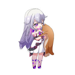 Rule 34 | 1girl, ;d, absurdres, ame., animal, bare shoulders, blush stickers, cat, chibi, commentary, crystal, dress, full body, gradient hair, grey hair, highres, holding, holding animal, hololive, hololive english, koseki bijou, koseki bijou (1st costume), long hair, multicolored hair, one eye closed, open mouth, pink hair, pleated dress, purple eyes, simple background, smile, solo, standing, strapless, strapless dress, two-tone hair, very long hair, virtual youtuber, white background, white dress