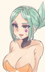Rule 34 | 184nx, 1girl, breasts, cerebella (skullgirls), cleavage, collarbone, detached collar, closed eyes, green hair, green lips, large breasts, lipstick, makeup, ponytail, skullgirls, solo, upper body