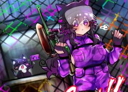 Rule 34 | 1girl, :&lt;, :3, :d, = =, airsoft, bad id, bad twitter id, black gloves, blush, cat, chain-link fence, closed mouth, commentary, english commentary, closed eyes, fence, fingerless gloves, flag, gloves, gun, helmet, holding, holding flag, holding gun, holding weapon, long hair, nyarla (osiimi), open mouth, original, osiimi, overalls, paint gun, pouch, purple eyes, purple hair, smile, standing, weapon