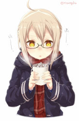Rule 34 | 1girl, ahoge, artoria pendragon (all), artoria pendragon (fate), blonde hair, blowing, checkered clothes, checkered scarf, coat, coffee, cup, facing viewer, fate/grand order, fate (series), hair between eyes, holding, holding cup, mug, mysterious heroine x alter (fate), mysterious heroine x alter (first ascension) (fate), parted lips, red scarf, saber (fate), scarf, short hair with long locks, sidelocks, signature, simple background, solo, torimaru, twitter username, upper body, whipped cream, white background, yellow eyes
