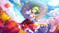 Rule 34 | 1girl, adjusting hair, ascot, blue sky, cherry blossoms, cloud, cloudy sky, collared shirt, day, falling petals, field, flower, flower field, frilled skirt, frilled umbrella, frills, green hair, hair between eyes, hand in own hair, hand up, highres, holding, holding umbrella, kazami yuuka, lens flare, light particles, light rays, looking at viewer, nature, open mouth, outdoors, petals, plaid, plaid skirt, puffy sleeves, purple flower, purple tulip, rainbow, red eyes, rogcan can, shirt, short hair, skirt, sky, solo, touhou, touhou danmaku kagura, tree, tulip, umbrella, wind, wind lift, yellow ascot