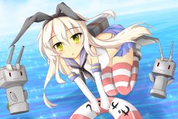 Rule 34 | 10s, 1girl, bent over, elbow gloves, furisuku (gerbera), gloves, green eyes, highres, innertube, kantai collection, looking at viewer, machinery, ocean, rensouhou-chan, school uniform, serafuku, shimakaze (kancolle), short hair, silver hair, striped clothes, striped thighhighs, swim ring, thighhighs, translation request, turret