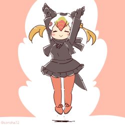 Rule 34 | 1girl, arms up, bird girl, bird tail, bird wings, cardigan, coroha, feathered wings, full body, gloves, head wings, jumping, kemono friends, kemono friends 3, long hair, looking at viewer, multicolored hair, pantyhose, pink background, scarf, shoes, simple background, skirt, solo, tail, thighhighs, tufted puffin (kemono friends), white hair, wings