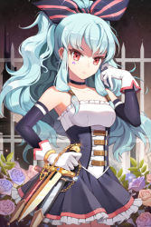 Rule 34 | 1girl, arm up, arm warmer, arm warmers, blue hair, bow, bracelet, buckle, chain, choker, dress, fence, flower, frills, gilse, gloves, jewelry, knife, linus falco, long hair, low twintails, lowres, red eyes, rose, scabbard, sheath, solo, strapless, strapless dress, striped, sword girls, twintails, wavy hair, weapon