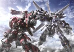 Rule 34 | alteisen, arm cannon, clenched hand, cloud, cloudy sky, flying, gun, highres, holding, holding weapon, mecha, morishita naochika, no humans, non-web source, official art, pile bunker, rifle, robot, science fiction, sky, smoke, super robot wars, super robot wars impact, super robot wars original generation, weapon, weissritter