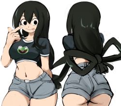 Rule 34 | 1girl, arm behind back, ass, asui tsuyu, bad id, bad twitter id, black eyes, black hair, boku no hero academia, breasts, character print, commentary, cowboy shot, cropped shirt, from behind, hair between eyes, high-waist shorts, highres, kermit the frog, large hands, multiple views, muppets, navel, rakeemspoon, short shorts, short sleeves, shorts, simple background, sketch, symbol-only commentary, thigh gap, thighs, tongue, tongue out, underbutt, wide hips