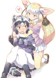 Rule 34 | 10s, 2girls, animal ears, biting, blush, bow, bowtie, breasts, common raccoon (kemono friends), ear biting, fennec (kemono friends), fox ears, fox tail, full body, fur collar, gloves, gradient hair, half-closed eyes, heart, highres, hug, hug from behind, kemono friends, kneeling, medium breasts, multicolored hair, multiple girls, open mouth, pantyhose, raccoon ears, raccoon tail, short hair, short sleeves, sitting, skirt, small breasts, spoken heart, sweatdrop, tail, takano itsuki, tears, thighhighs, thought bubble, two-tone hair, wavy mouth, white legwear, yuri