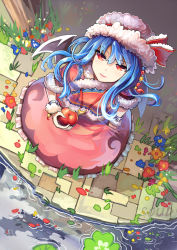 Rule 34 | 1girl, alternate costume, alternate hair length, alternate hairstyle, apple, bad id, bad pixiv id, bat wings, blue hair, dress, female focus, food, from above, fruit, hat, jiaoshouxingfa, lily pad, long hair, looking up, red eyes, remilia scarlet, smile, solo, touhou, water, wings