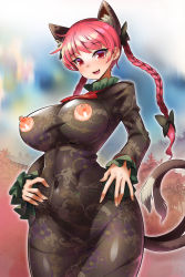 Rule 34 | 1girl, :3, :d, animal ears, black bow, black dress, bow, braid, breasts, cat ears, cat tail, covered navel, cowboy shot, curvy, dress, extra ears, hair bow, highres, impossible clothes, impossible dress, kaenbyou rin, large breasts, long sleeves, looking at viewer, multiple tails, nipples, open mouth, puffy nipples, red eyes, red hair, revealing clothes, short hair with long locks, smile, solo, tail, taut clothes, taut dress, tight clothes, tight dress, touhou, twin braids, two tails, umigarasu (kitsune1963), wide hips
