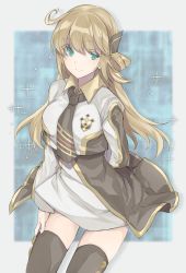 Rule 34 | 1girl, arm behind back, blonde hair, blue background, blue eyes, blurry, blurry background, breasts, brown dress, brown necktie, brown thighhighs, collared dress, commentary request, cowboy shot, cowlick, dress, duel monster, hair ornament, hand on own thigh, highres, light particles, long hair, long sleeves, looking at viewer, medium breasts, necktie, shadow, short dress, sky striker ace - raye, smile, solo, sparkle, thighhighs, tsumayouji (dekosoko), two-tone background, two-tone dress, white background, white dress, yu-gi-oh!, zettai ryouiki