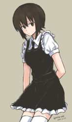 Rule 34 | 1girl, arm behind back, black dress, black necktie, brown background, brown eyes, brown hair, closed mouth, collared shirt, commentary, cowboy shot, dated, dress, frilled dress, frills, girls und panzer, leaning forward, light frown, looking at viewer, mutsu (layergreen), necktie, nishizumi maho, one-hour drawing challenge, puffy short sleeves, puffy sleeves, shirt, short hair, short sleeves, simple background, solo, standing, thighhighs, twitter username, white shirt, white thighhighs, wing collar
