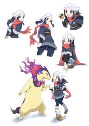 Rule 34 | 1girl, :d, akari (pokemon), black hair, commentary, commentary request, creatures (company), english commentary, eyelashes, fire, fist bump, galaxy expedition team survey corps uniform, game freak, grey eyes, head scarf, highres, hisuian typhlosion, holding, holding poke ball, long hair, marie (marie cookie222), mixed-language commentary, multiple views, nintendo, one eye closed, open mouth, poke ball, poke ball (legends), pokemon, pokemon (creature), pokemon legends: arceus, purple fire, red eyes, red scarf, sandals, scarf, simple background, smile, squatting, standing, white background, white scarf