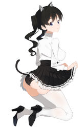 Rule 34 | 1girl, 2l (2lsize), animal ears, ass, bad id, bad pixiv id, black hair, black panties, black skirt, blouse, blue eyes, cat day, cat ears, cat tail, full body, high-waist skirt, high heels, highres, long hair, looking at viewer, looking back, original, panties, parted lips, pleated skirt, shirt, simple background, skirt, solo, tail, thighhighs, thighs, twintails, underwear, wavy hair, white background, white shirt, white thighhighs