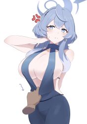 Rule 34 | 1girl, ahoge, ako (blue archive), ako (dress) (blue archive), anger vein, arrow (symbol), bare shoulders, blue archive, blue dress, blue eyes, blue hair, blush, breasts, cleavage, closed mouth, clothes pull, collarbone, disembodied hand, double-parted bangs, dress, dress pull, earrings, evening gown, frown, halo, halter dress, halterneck, hand in own hair, highres, jewelry, large breasts, long hair, looking at viewer, plunging neckline, sideboob, sideless dress, simple background, small sweatdrop, solo, uni gyoza, white background