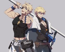 Rule 34 | 2boys, ark1478, bishounen, blonde hair, blue gloves, eyepatch, family, father and son, fingerless gloves, gloves, grey background, guilty gear, guilty gear strive, highres, holding, holding sword, holding weapon, ky kiske, looking at viewer, male focus, multiple boys, muscular, muscular male, pectorals, short hair, simple background, sin kiske, sword, weapon