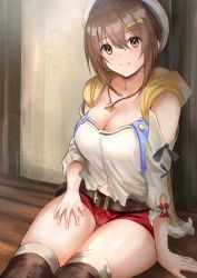 Rule 34 | 1girl, absurdres, atelier (series), atelier ryza, atelier ryza 1, belt, belt buckle, beret, breasts, brown belt, brown eyes, brown hair, buckle, cleavage, closed mouth, detached sleeves, flask, hair ornament, hairclip, hat, highres, jacket, jewelry, large breasts, leather, leather belt, looking at viewer, midriff, navel, necklace, red shorts, reisalin stout, ronabel, round-bottom flask, shirt, short hair, short shorts, shorts, sitting, skindentation, sleeveless, sleeveless jacket, smile, solo, star (symbol), star necklace, tareme, thigh gap, thighhighs, thighs, white hat, white shirt, white sleeves, white thighhighs, wooden floor, wrist cuffs, yellow jacket