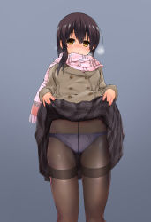 Rule 34 | 10s, 1girl, akagi (kancolle), alternate costume, black hair, blush, buttons, clothes lift, coat, crotch seam, double-breasted, highres, hobby (kento), kantai collection, long hair, looking at viewer, panties, panties under pantyhose, pantyhose, scarf, skirt, skirt lift, solo, thighband pantyhose, underwear, upskirt, yellow eyes