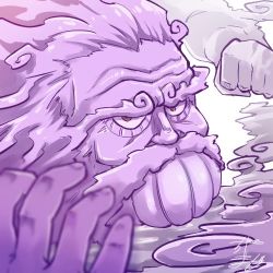 Rule 34 | 1boy, profile picture, beard, chamaji, clenched hand, close-up, cloud, commentary request, facial hair, furrowed brow, looking at viewer, lowres, male focus, mustache, partial commentary, purple eyes, purple hair, signature, simple background, solo, touhou, unzan, white background