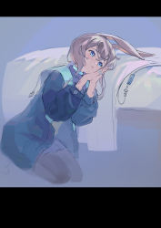 Rule 34 | 1girl, amiya (arknights), animal ears, arknights, bed sheet, black jacket, blue eyes, brown hair, crying, crying with eyes open, highres, jacket, jewelry, letterboxed, long hair, long sleeves, lying, majiang, on side, rabbit ears, rabbit girl, ring, solo, tears