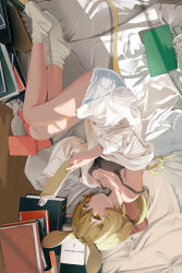 Rule 34 | 1girl, absurdres, animal ears, arknights, auguste, bed, black tank top, blonde hair, blush, book, book stack, breasts, cleavage, dorothy (arknights), grey shorts, highres, holding, holding book, indoors, long hair, long sleeves, looking at viewer, lying, medium breasts, mouse ears, mouse girl, mouse tail, off shoulder, on side, open book, ponytail, reading, shirt, shorts, smile, socks, solo, strap slip, tail, tank top, upside-down, white shirt, white socks, yellow eyes