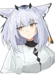 Rule 34 | 1girl, animal ears, arknights, armband, breasts, closed mouth, dress, enunomiya, expressionless, eyebrows hidden by hair, feather hair, highres, jacket, long hair, long sleeves, looking to the side, medium hair, open clothes, orange eyes, owl ears, ptilopsis (arknights), simple background, small breasts, solo, white background, white dress, white hair