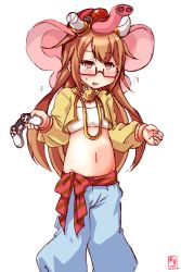 Rule 34 | 1girl, absurdres, alternate costume, animal hat, artist logo, bandeau, beige jacket, blue pants, brown eyes, brown hair, commentary request, controller, cosplay, cropped jacket, dated, elephant hat, fate/grand order, fate (series), feet out of frame, flat chest, game controller, ganesha (fate), ganesha (fate) (cosplay), glasses, hat, highres, kanon (kurogane knights), kantai collection, long hair, looking at viewer, mochizuki (kancolle), navel, pants, playstation controller, red-framed eyewear, simple background, solo, white background