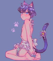 Rule 34 | 1boy, :&lt;, @ @, absurdres, animal ears, apron, bare back, bare legs, barefoot, bell, black hair, blue background, blue eyes, blush, bomhat, bow, cat boy, cat ears, cat tail, closed mouth, commentary, freckles, highres, male focus, naked apron, original, paw print, short hair, simple background, solo, sweatdrop, tail, tail bell, tail bow, tail ornament, thigh strap, trap, very short hair, white apron