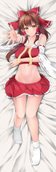 Rule 34 | 1girl, ayakase riberi, bare shoulders, blush, bow, breast hold, breasts, brown hair, cleavage, closed mouth, clothes lift, collarbone, dakimakura (medium), detached sleeves, foreshortening, full body, groin, hair bow, hair tubes, hakurei reimu, highres, long hair, looking at viewer, lying, medium breasts, miniskirt, navel, nontraditional miko, on back, orange eyes, reaching, reaching towards viewer, red bow, red shirt, red skirt, ribbon-trimmed sleeves, ribbon trim, shirt, shirt lift, sidelocks, skirt, skirt set, sleeveless, sleeveless shirt, smile, socks, solo, stomach, tabi, touhou, white socks, wide sleeves