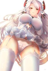Rule 34 | 1girl, azur lane, blush, breasts, bridal gauntlets, bridal veil, brown eyes, commentary request, dress, elbow gloves, finger to mouth, from below, garter straps, gloves, has (ranhasu), headgear, highres, huge filesize, large breasts, long hair, looking at viewer, looking down, multicolored hair, panties, parted lips, prinz eugen (azur lane), prinz eugen (symphonic fate) (azur lane), red hair, silver hair, simple background, smile, solo, standing, streaked hair, sweat, swept bangs, thighhighs, thighs, two side up, underwear, veil, very long hair, wedding dress, white background, white dress, white gloves, white panties, white thighhighs
