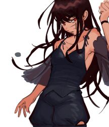 Rule 34 | 1girl, black camisole, black hair, camisole, chainsaw man, cross scar, detached sleeves, facial scar, liowig, long hair, looking to the side, puffy shorts, red eyes, scar, scar on cheek, scar on face, shorts, simple background, solo, white background, yoru (chainsaw man)