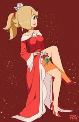 Rule 34 | 1girl, alternate costume, alternate hairstyle, bare shoulders, blonde hair, brooch, crossed legs, crown, dress, earrings, fire rosalina, high heels, highres, jewelry, leg up, looking at viewer, mario (series), mistletoe, nail polish, nintendo, ponytail, r3dfive, red background, red dress, red lips, red nails, rosalina, simple background, smile, solo, super mario 3d world, thighs