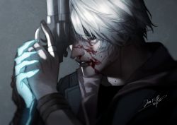 Rule 34 | 1boy, artist name, blood, blood on face, blue eyes, blue rose (gun), bracelet, dated, devil bringer, devil may cry, devil may cry (series), devil may cry 4, dmc pa, eyes visible through hair, glowing, gun, handgun, holding, holding gun, holding weapon, hood, hood down, jewelry, male focus, nero (devil may cry), nosebleed, parted lips, revolver, ring, short hair, signature, solo, upper body, weapon