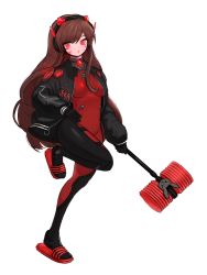 Rule 34 | acronym, alternate color, alternate eye color, animal print, black gloves, black jacket, bodysuit, boots, breasts, brown hair, clothes writing, d.va (overwatch), facepaint, facial mark, full body, gloves, guagu, headphones, holding, jacket, letterman jacket, long hair, medium breasts, overwatch, overwatch 1, parted lips, pilot suit, pink lips, rabbit print, red bodysuit, red eyes, ribbed bodysuit, skin tight, slippers, solo, standing, standing on one leg, thigh boots, thigh strap, thighhighs, transparent background, whisker markings