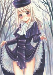 Rule 34 | 1girl, blush, capelet, closed mouth, clothes lift, cowboy, cowboy shot, cowboy western, dress, dress lift, fate/stay night, fate (series), forest, fur hat, hat, illyasviel von einzbern, lifted by self, long hair, long sleeves, nature, outdoors, papakha, purple capelet, purple dress, purple hat, red eyes, silver hair, smile, solo, standing, straight hair, thigh gap, tomoeri, western, winter