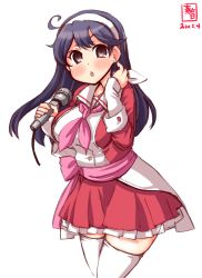Rule 34 | 1girl, ahoge, artist logo, black hair, breasts, brown eyes, commentary request, cosplay, dated, dress, frilled dress, frills, hairband, highres, kanon (kurogane knights), kantai collection, large breasts, long hair, look-alike, looking at viewer, microphone, morikawa yuki, morikawa yuki (cosplay), neckerchief, red dress, red neckerchief, simple background, solo, thighhighs, ushio (kancolle), white album, white album (series), white background, white hairband, white thighhighs