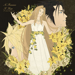 1girl 2boys 8er8er1s aerith_gainsborough aerith_gainsborough_(white_floral_dress) bare_arms bare_shoulders black_hair blonde_hair blue_eyes breasts brown_hair character_name closed_mouth cloud_strife dress dress_flower final_fantasy final_fantasy_vii final_fantasy_vii_rebirth final_fantasy_vii_remake flower green_eyes hair_slicked_back hand_in_own_hair highres lily_(flower) long_dress long_hair medium_breasts multiple_boys multiple_necklaces musical_note official_alternate_costume outstretched_arms parted_bangs parted_lips rose short_hair sideburns sidelocks sparkle spiked_hair staff_(music) strapless strapless_dress upper_body very_long_hair wavy_hair white_dress yellow_flower yellow_rose zack_fair