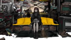 Rule 34 | 1girl, air conditioner, ankle boots, bag, bench, black coat, boots, broom, brown eyes, brown hair, closed mouth, cloud, cloudy sky, coat, cormorant, dot nose, grey sky, hair between eyes, highres, legs together, long hair, narue, neck ribbon, original, pale skin, ribbon, sitting, sky, solo, tagme, white ribbon