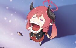 Rule 34 | 1girl, black footwear, black horns, black shirt, blue archive, chibi, chopper crying (meme), dango, food, halo, highres, horns, junko (blue archive), meme, one piece, open mouth, pointy ears, red hair, red skirt, reia 76, sad, shirt, skirt, solo, standing, tearing up, tongue, twintails, wagashi