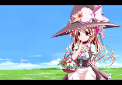 Rule 34 | 1girl, bad id, bad pixiv id, basket, blonde hair, bow, braid, brown eyes, day, female focus, finger to mouth, flower, hair bow, hat, kirisame marisa, kuroi hitsuji, letterboxed, long hair, nature, outdoors, plant, skirt, sky, solo, touhou, witch hat