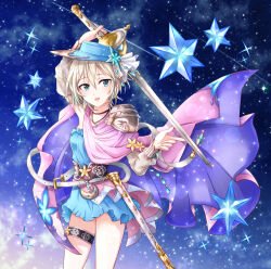 Rule 34 | 1girl, :d, anastasia (idolmaster), arm up, blue dress, blue eyes, blue headwear, cape, detached sleeves, dress, grey sleeves, hair between eyes, highres, holding, holding sword, holding weapon, idolmaster, idolmaster cinderella girls, long sleeves, looking at viewer, open mouth, pink cape, popon ta, see-through, see-through sleeves, sheath, short dress, short hair, smile, solo, standing, strapless, strapless dress, sword, thighlet, tube dress, underbust, weapon, white hair