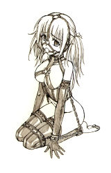 Rule 34 | 1girl, ball gag, bdsm, bondage, bound, corset, cuffs, elbow gloves, female focus, fish.boy, full body, gag, gloves, highres, image sample, latex, leather, monochrome, pixiv sample, resized, simple background, solo, twintails, white background