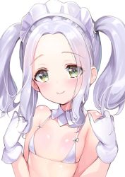 Rule 34 | 1girl, :&gt;, bikini, blush, breasts, emily (pure dream), gloves, green eyes, grey hair, highres, maid headdress, micro bikini, no bangs, original, pale skin, simple background, small breasts, solo, swimsuit, twintails, white background