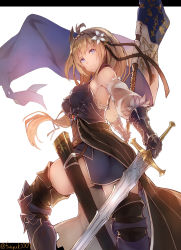 Rule 34 | 10s, 1girl, bare shoulders, black thighhighs, blonde hair, detached sleeves, dress, flag, flower, from behind, from below, from side, gauntlets, granblue fantasy, highres, holding, holding sword, holding weapon, jeanne d&#039;arc (granblue fantasy), lily (flower), long hair, looking back, low-tied long hair, nanahara fuyuki, purple dress, purple eyes, scabbard, sheath, short dress, solo, standard bearer, sword, thighhighs, weapon, zettai ryouiki