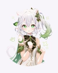 Rule 34 | 1girl, animal ear fluff, animal ears, bare shoulders, cat ears, cat girl, cat tail, commentary, cropped torso, cross-shaped pupils, deyui, dress, english commentary, genshin impact, gradient hair, green eyes, green hair, grey background, grey hair, hair ornament, hands up, kemonomimi mode, long hair, looking at viewer, multicolored hair, nahida (genshin impact), parted lips, pointy ears, side ponytail, signature, simple background, sleeveless, sleeveless dress, solo, symbol-shaped pupils, tail, upper body, white dress