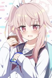 Rule 34 | 1girl, absurdres, ahoge, bad id, bad pixiv id, blue archive, blush, commentary request, cupcake, drinking straw, food, food in mouth, hair ornament, halo, hanehituzi4410, highres, juice box, long hair, looking at viewer, natsu (blue archive), open mouth, pink hair, red eyes, school uniform, side ponytail, simple background, solo, white background