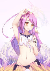 Rule 34 | 1girl, :p, absurdres, age regression, aged down, bad id, bad pixiv id, bare shoulders, blush, breasts, c (pixiv3064042), clenched hand, spiked halo, covering nipples, covering privates, cowboy shot, feathered wings, groin, halo, hand on own chest, hand on own head, hands on own chest, highres, jibril (no game no life), long hair, looking at viewer, navel, no game no life, revealing clothes, simple background, small breasts, solo, star (symbol), stomach, tattoo, tongue, tongue out, torn clothes, very long hair, white background, wings