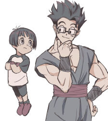 Rule 34 | 1boy, 1girl, black hair, child, closed mouth, dragon ball, dragon ball super, dragon ball super super hero, father and daughter, full body, glasses, looking at another, mizuame27, pan (dragon ball), red footwear, simple background, smile, son gohan, spiked hair, white background
