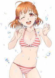 Rule 34 | 1girl, :d, antenna hair, bare arms, bikini, blush, bow, bow bikini, braid, breasts, cameltoe, cleavage, collarbone, hair bow, hands up, highres, kntrs (knyrs), looking at viewer, love live!, love live! sunshine!!, medium breasts, medium hair, nail polish, navel, one eye closed, open mouth, orange hair, red bow, red eyes, side braid, simple background, smile, solo, striped bikini, striped clothes, swimsuit, takami chika, water, water drop, white background, | |